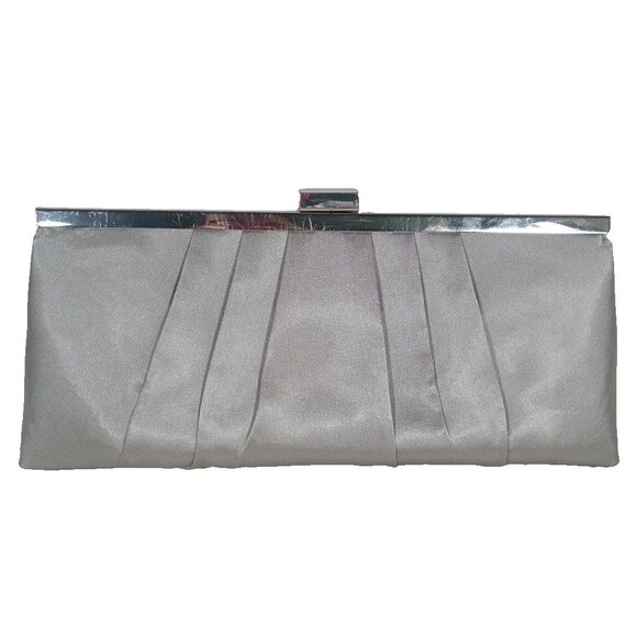Kate Landry Silver Satin Pleated Evening Clutch Bag Kiss Lock Purse - Picture 2 of 13